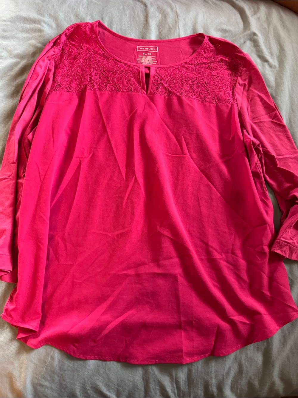 Van Heusen Bright Pink Lace Yoke Long Sleeve Blouse